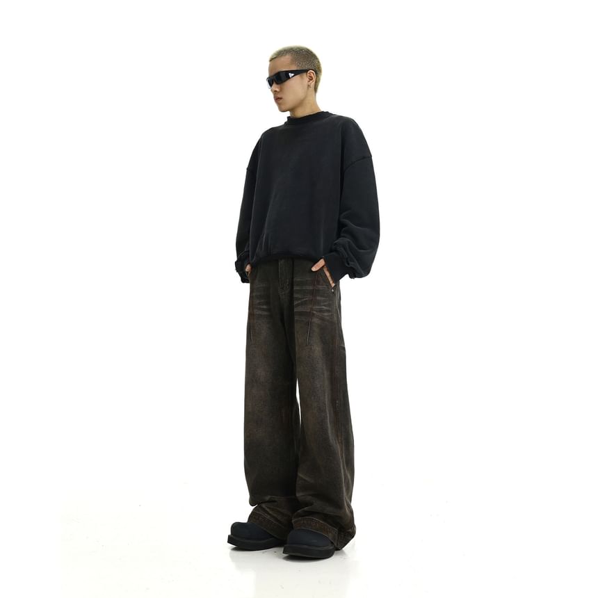 Meiksip - Mid Rise Washed Straight Leg Jeans