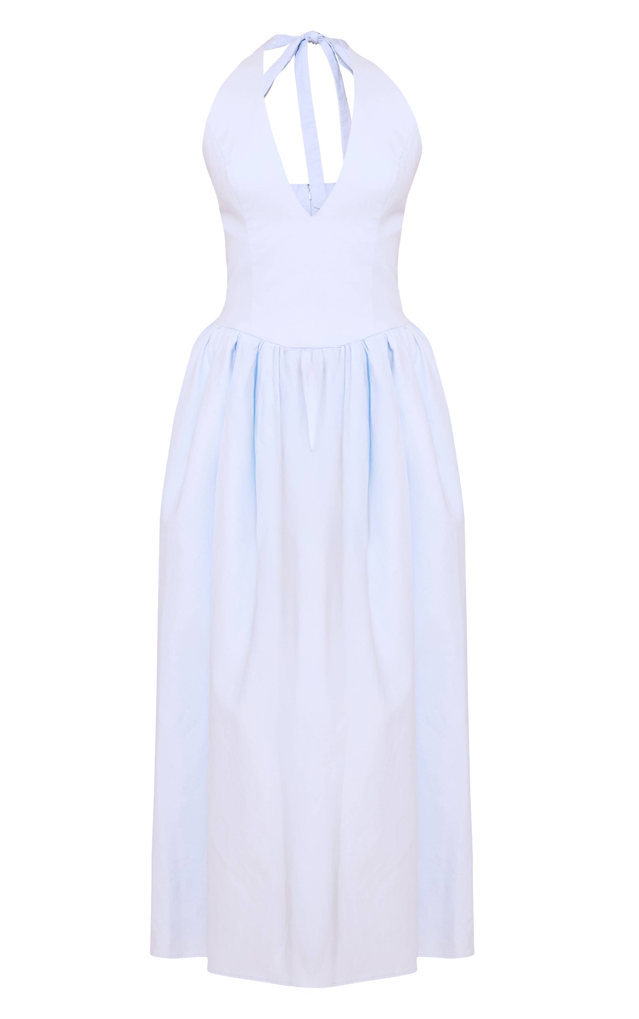 Bleu Clair Robe Midaxi À Pois Froncée Avec Col Licou Et Détail Noué