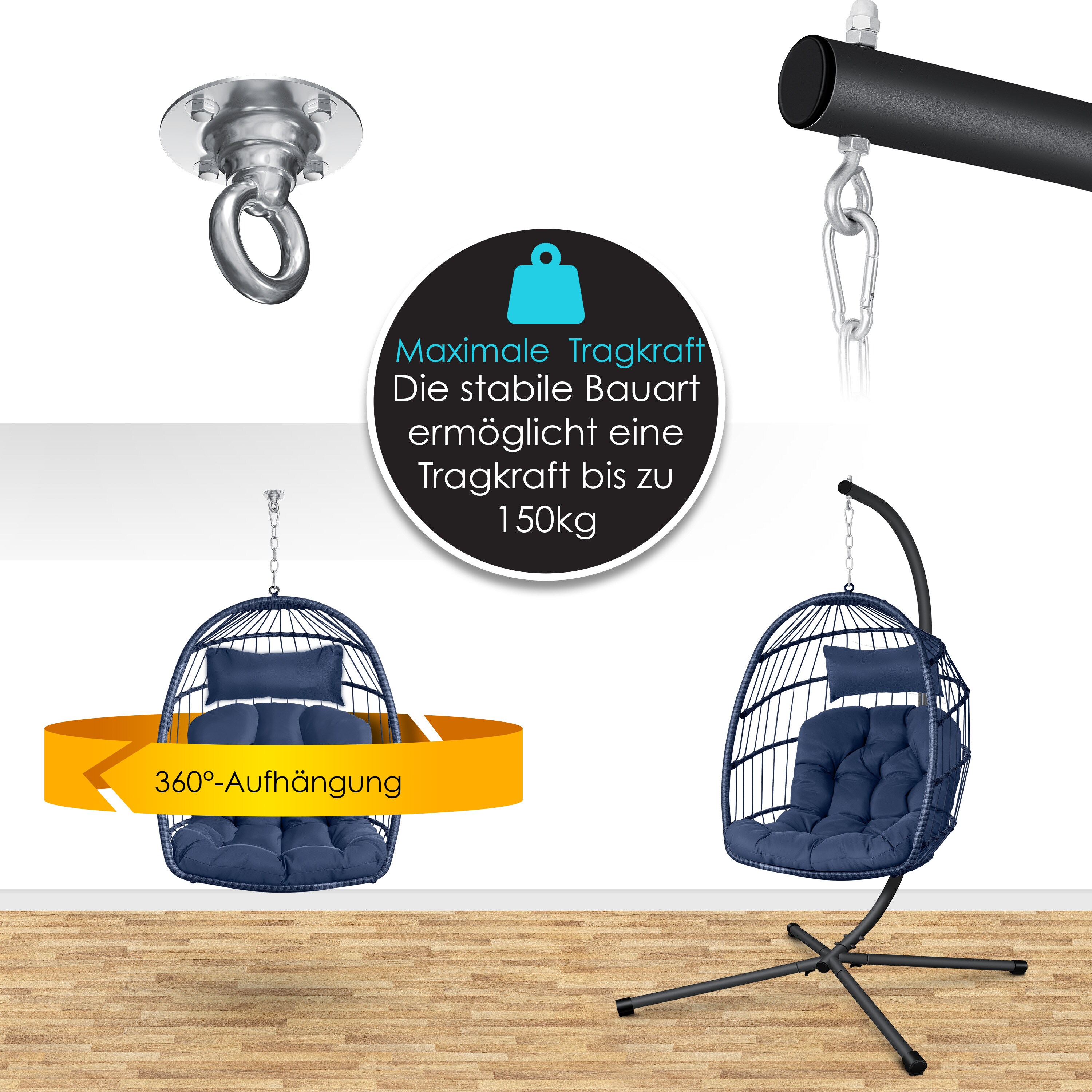 KESSER® Hängesessel Jungle mit Gestell Stahl Hängekorb Sessel Inkl. Großen Kissen + Decken Halterung - Hängeschaukel Hängesitz Indoor - Outdoor Schaukel Hängestuhl für Kinder und Erwachsene
