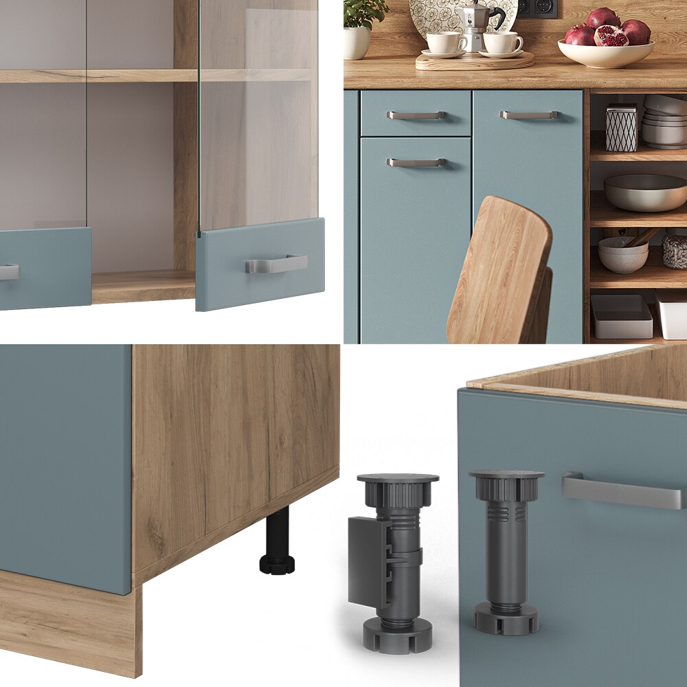 Vicco Küchenzeile R-Line Solid Eiche Blau Grau 240 cm modern Küchenschränke Küchenmöbel