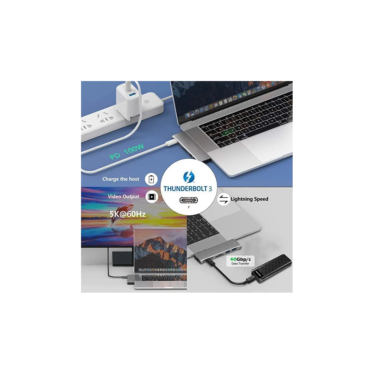 NÖRDIC 2 til 7 USB-C dokkingstasjon for dobbel skjerm for MacBook Pro og Air 1xHDMI 4K30Hz 1xThunderbolt 3xUSB-C 5K60Hz 40G 1xUSB-C 100W PD