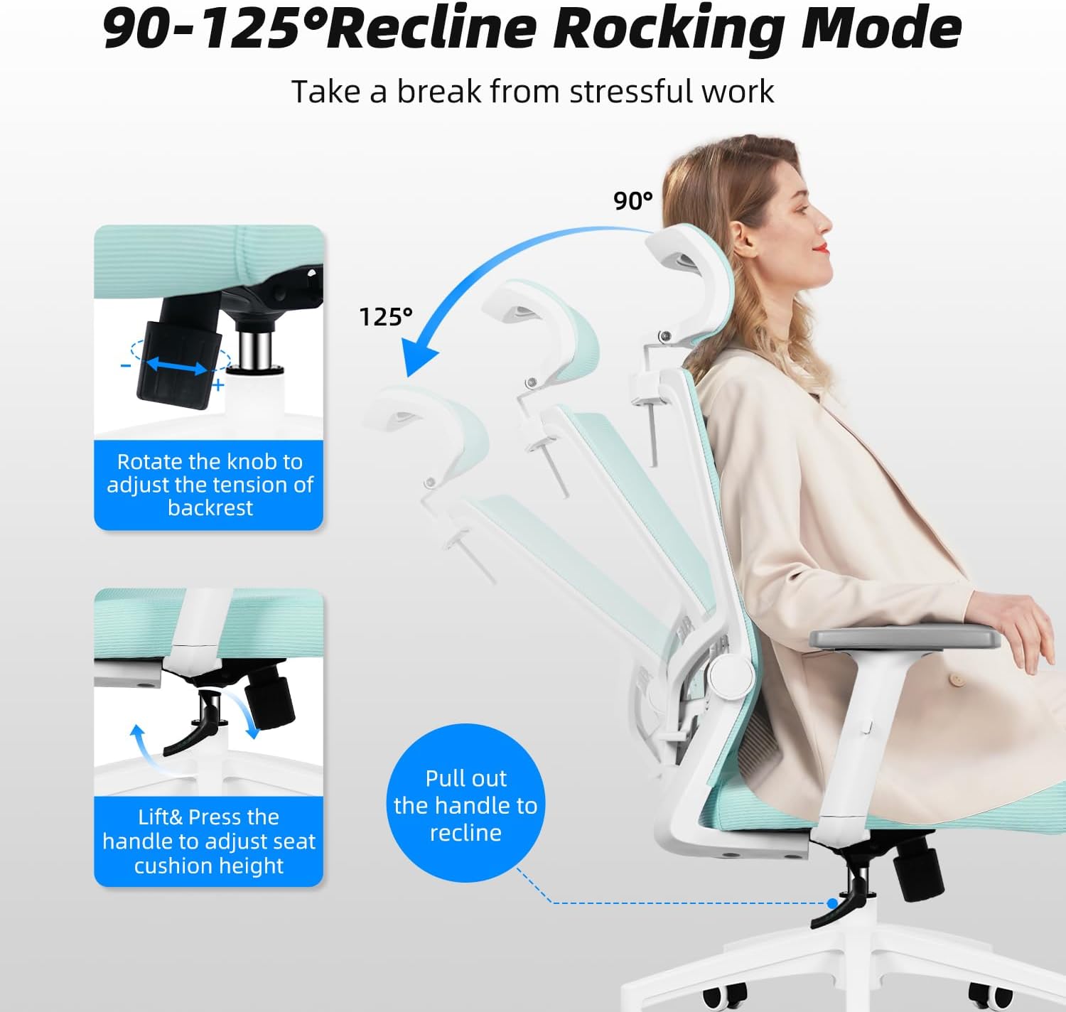 Daccormax Bürostuhl Ergonomisch, Schreibtischstuhl mit Verstellbarer Kopfstütze, Armlehnen, Lendenwirbelstütze, Drehstuhl Wippfunktion, Chefsessel aus Mesh,Rückenschonend, Bürostuhl 150kg
