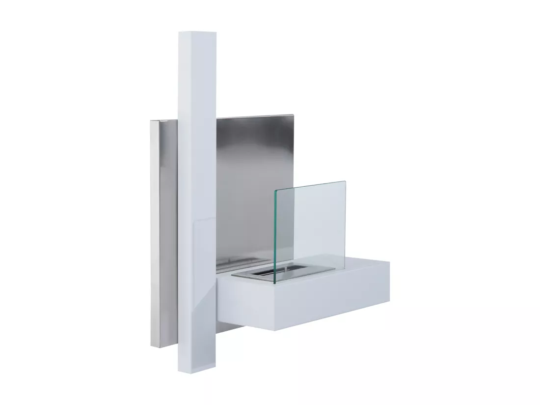 Cheminée bioéthanol murale design Bauhaus 1 brûleur 1,5 L 75L x 22l x 63H cm couverture 20-25 m² acier blanc inox. brossé