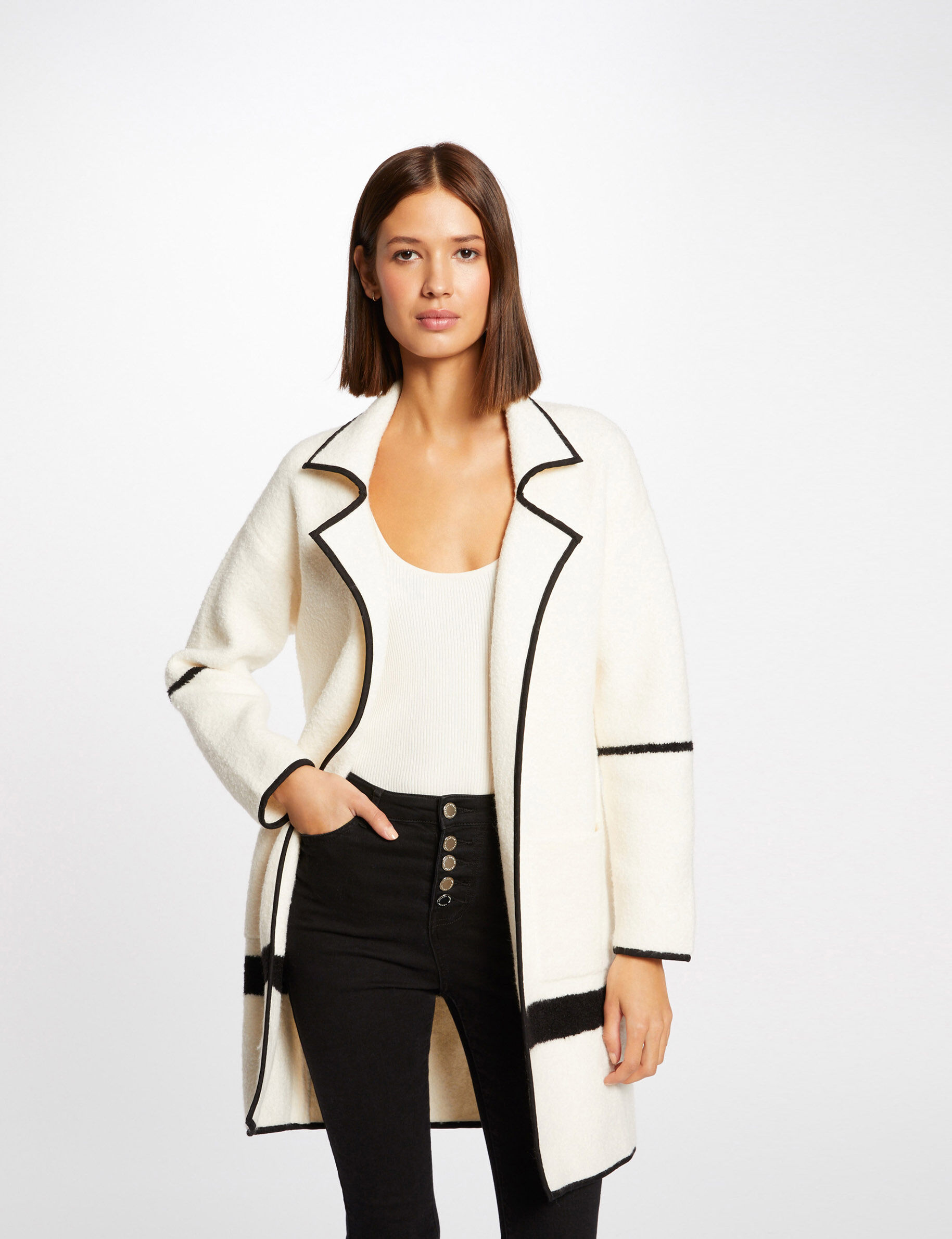 Gilet long avec manches longues ivoire femme - ivoire
