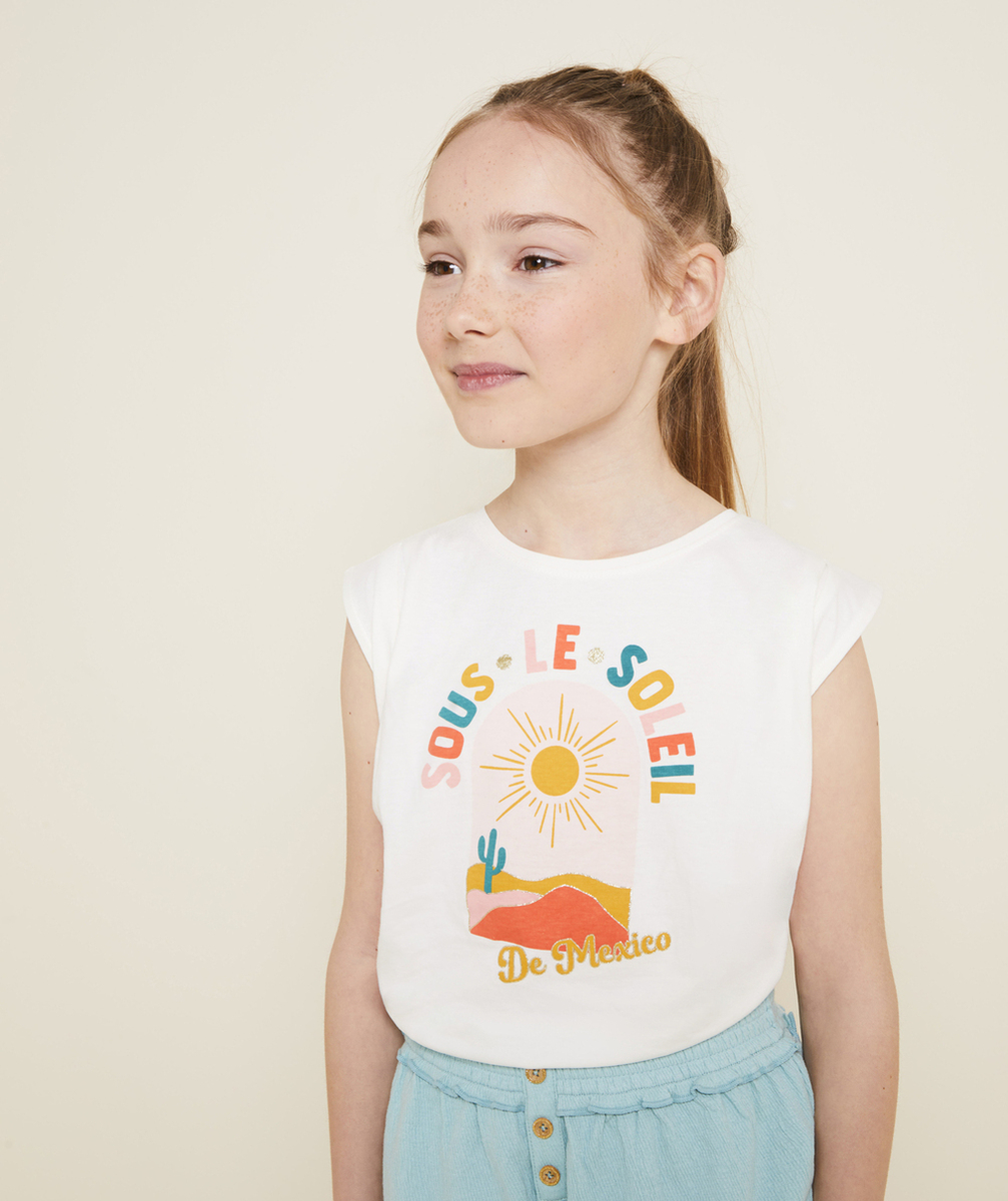 t-shirt sans manches en coton bio blanc motif soleil