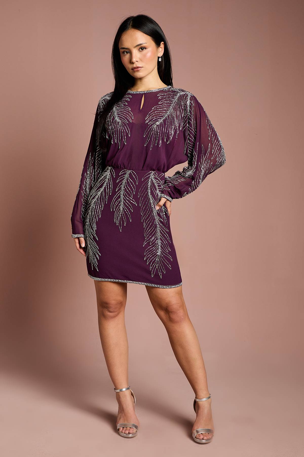 Coast Robe Mini Petite à Manches Longues Ornée de Plumes Placement