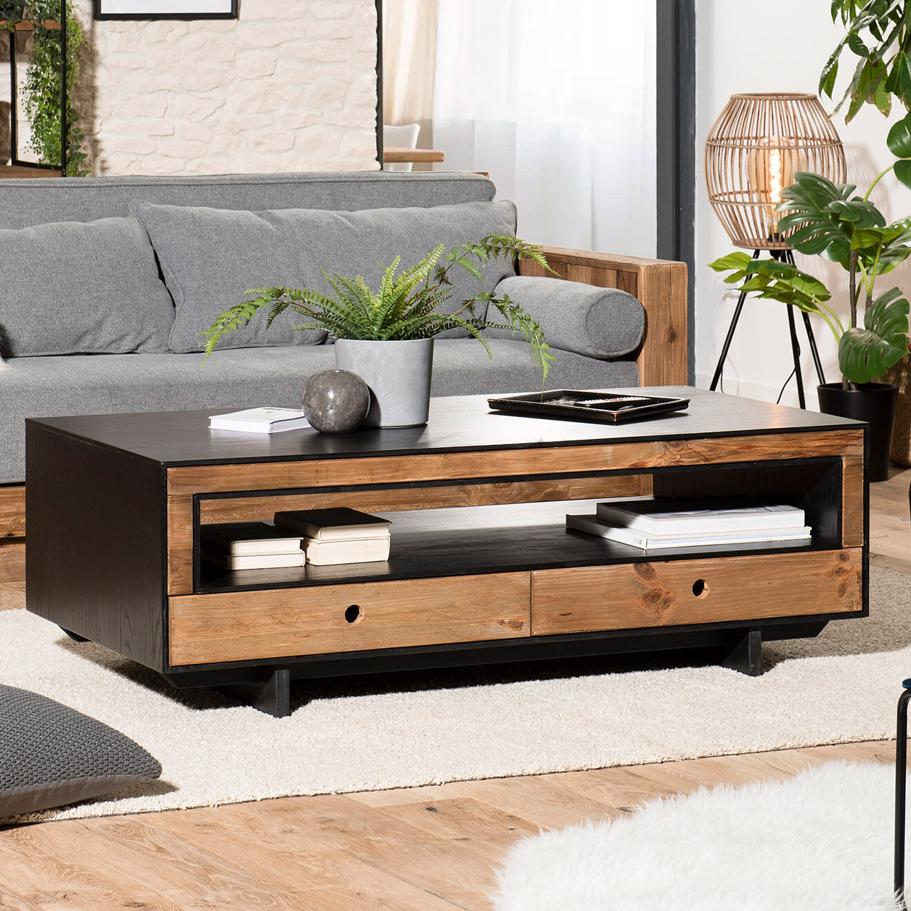 Macabane Table basse 4 tiroirs Andrea Bois naturel  - 135x70x45cm