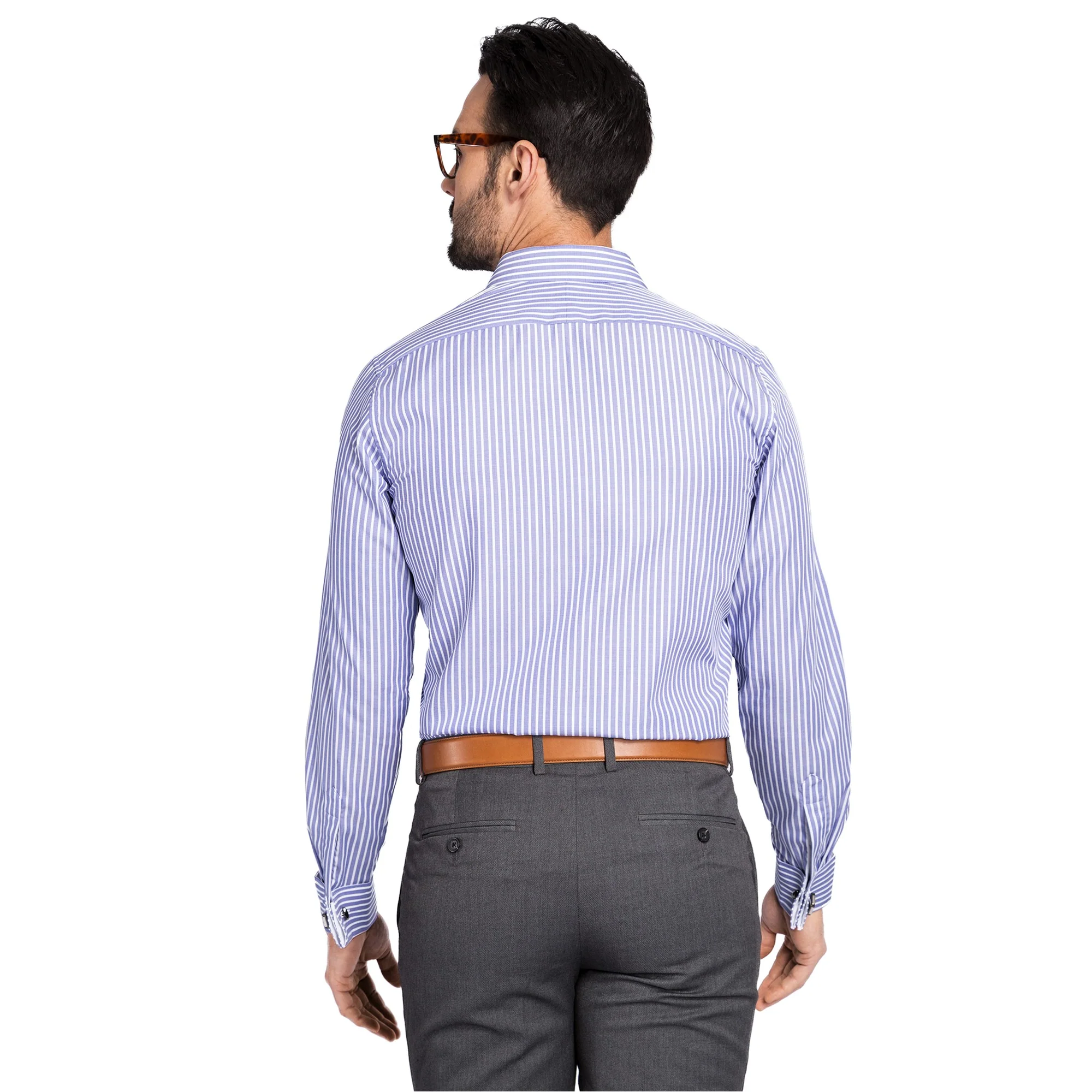 Chemise droite à poignet mousquetaire rayures bleues 100% coton