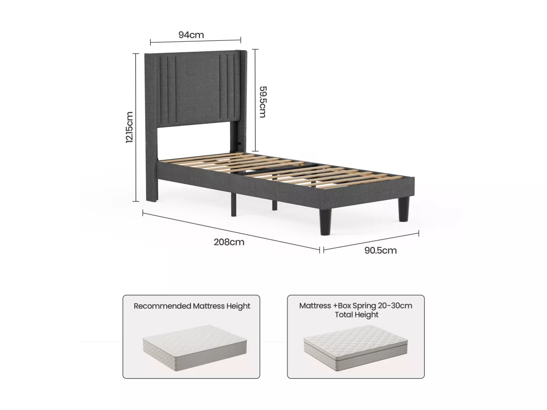Lit Simple Capitonné 90 x 200 cm avec Tête de Lit pour Rangement Bealife Sommier à Lattes Tissu en Lin Lit Enfant Adolescent Gris Foncé