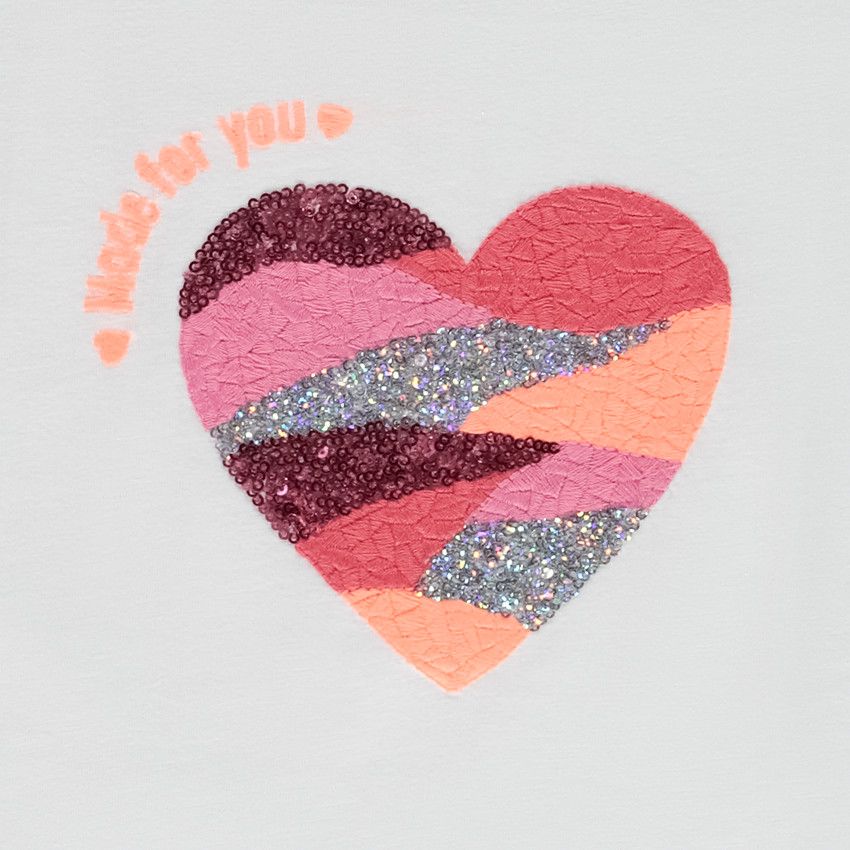 T-shirt manches courtes motif cœur brodé et brillant pour fille - Blanc