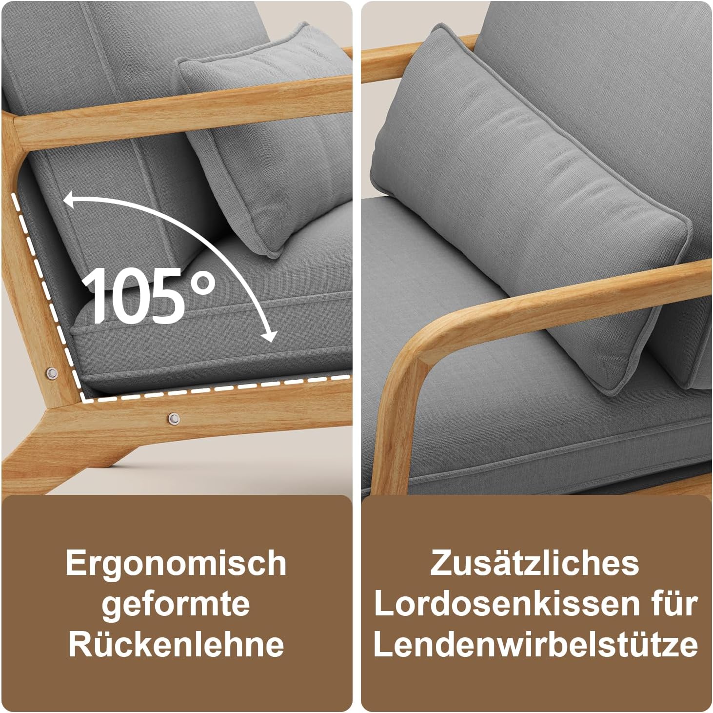 Lounge-Sessel, Lounge-Stuhl mit Armlehnen&Holzrahmen, Moderner Polstersessel für Wohnzimmer, Schlafzimmer, Leseecke, Büro (82 x 65 x 75 cm, Grau)