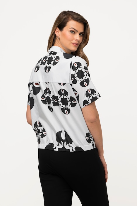 Bluse, grafischer Druck, Saumknoten, Hemdkragen, Halbarm