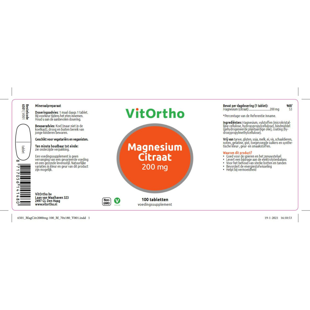 Vitortho Magnesium Citraat 200 mg100 tabletten