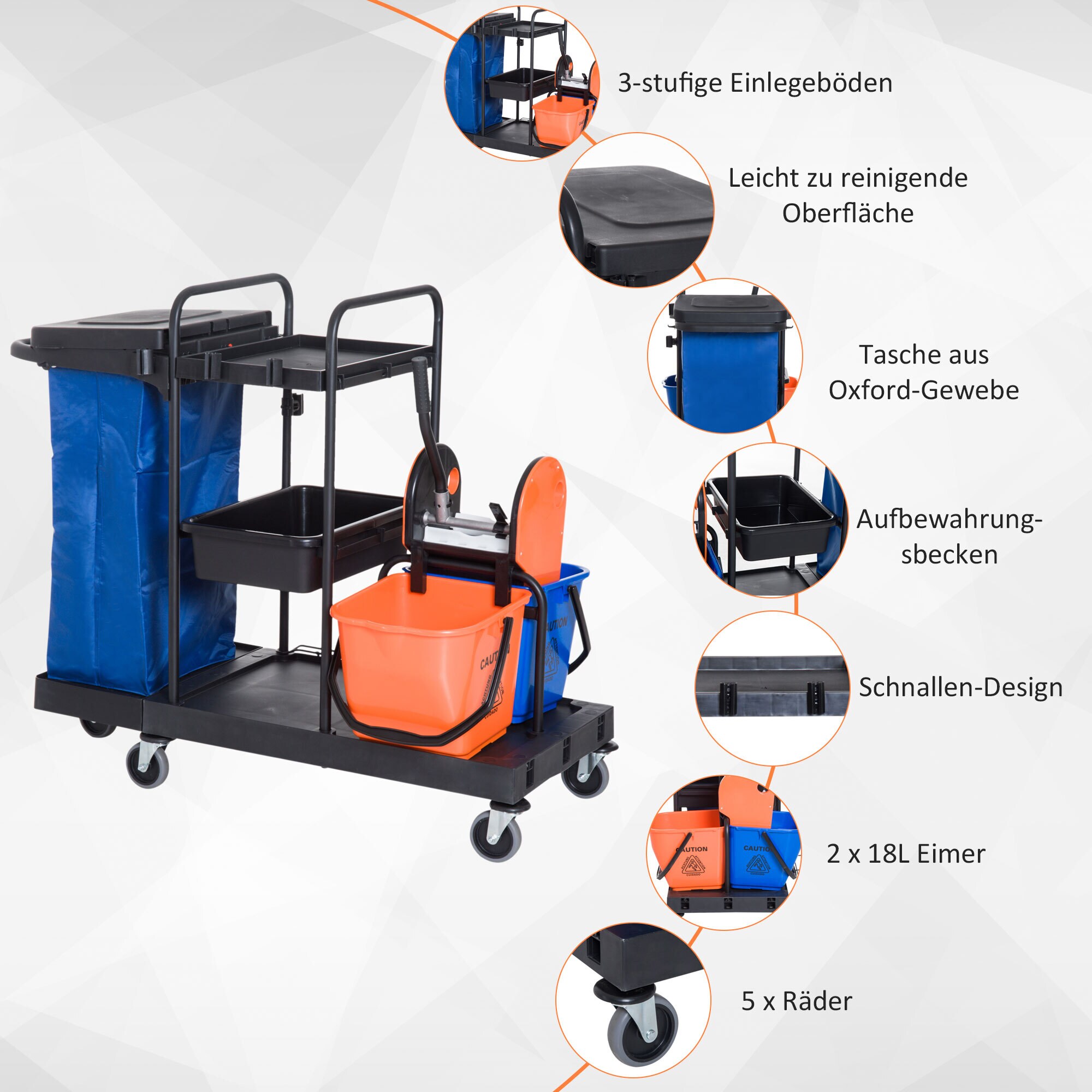HOMCOM Putzwagen mit 4 leichtgängigen Rollen schwarz, blau, orange 111x 63,3x 103 cm (LxBxH)