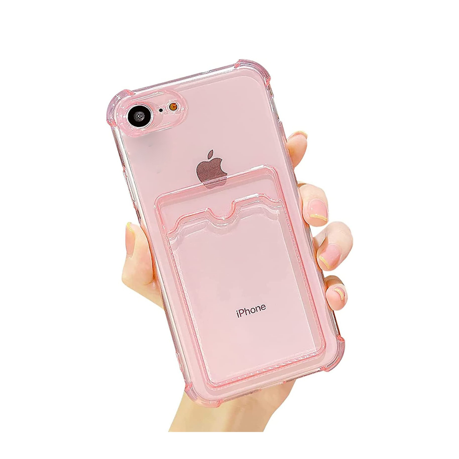iPhone SE (2022/2020) / 8 / 7 Gummi Case Hülle mit Kartenfach   Air Cushion Fallschutz - Pink / Transparent