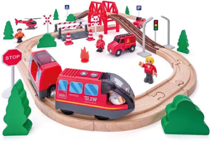 Woody - Brandweer Treinset - Houten Speelgoed Treinset - 60-delig