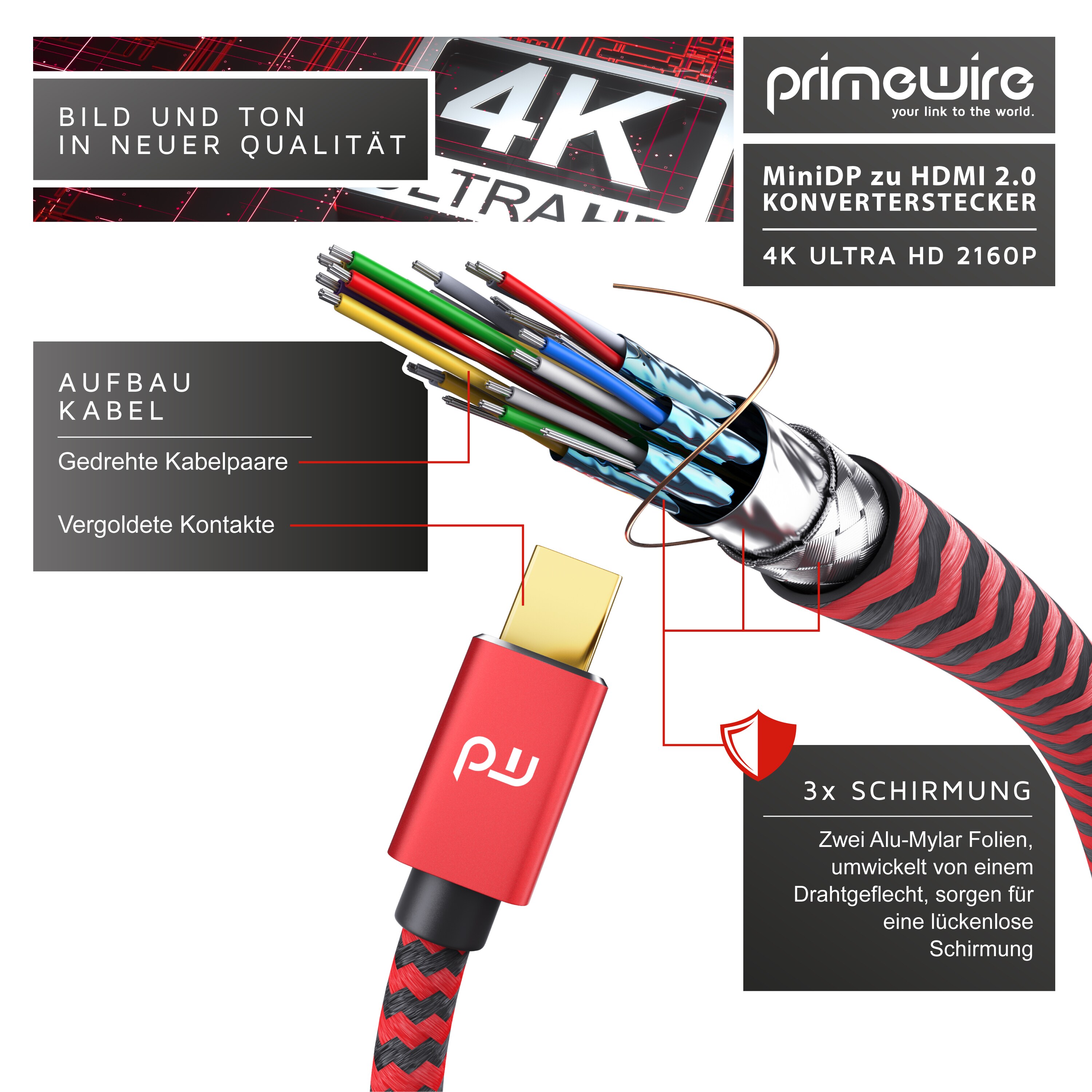 Primewire 4k Mini Displayport zu Hdmi 2.0 Adapter - mini DP Kabel - 4k@60Hz - Thunderbolt 1 - 2 - Audio und Video