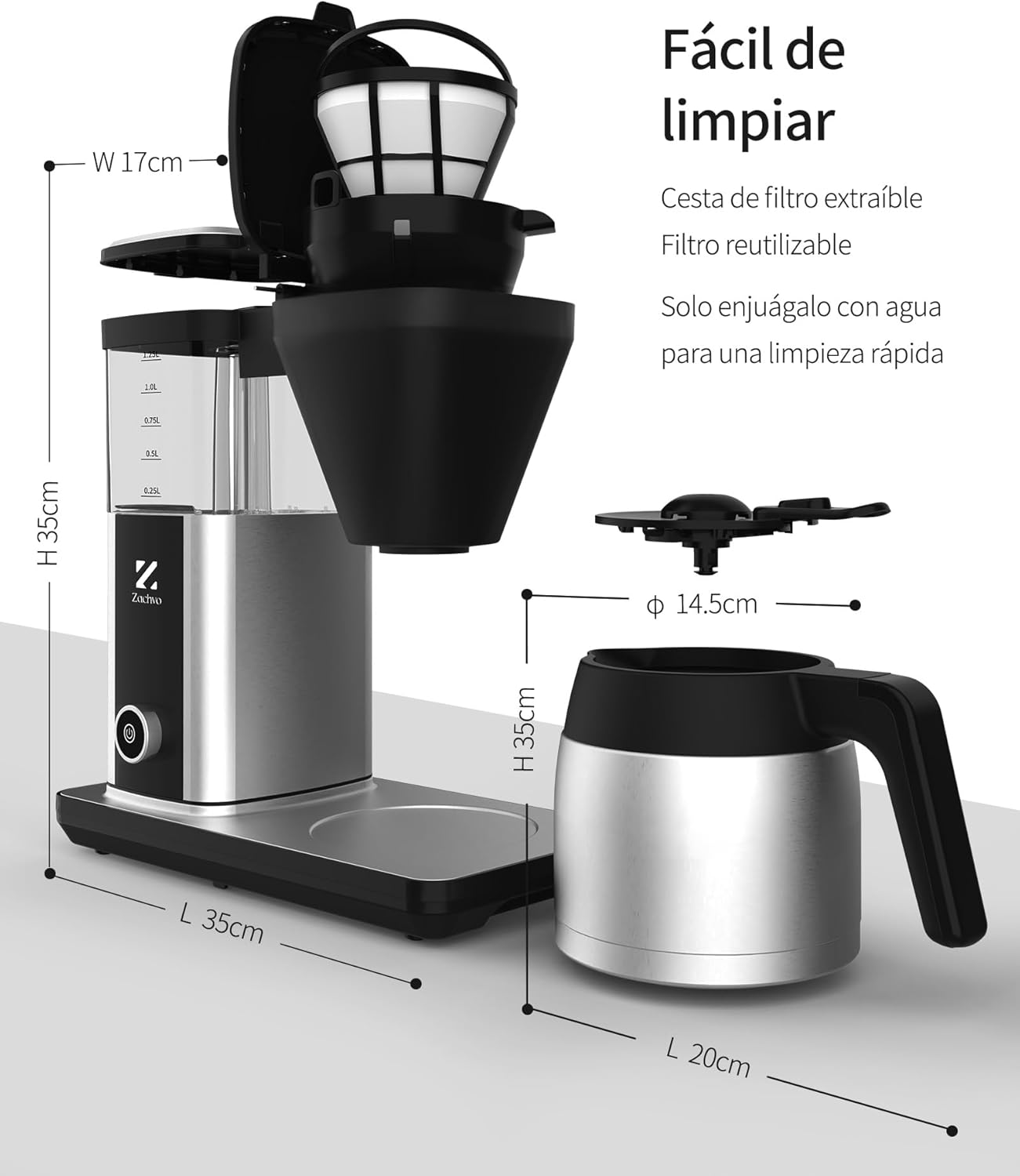 Filterkaffeemaschine mit 1,25L Thermoskanne, 4,5 Min. Schnellbrühung, 92°C PID-Temperaturkontrolle, 30s Tropfstopp, Wiederverwendbarer Filter, Automatische Reinigung, Edelstahl-Design