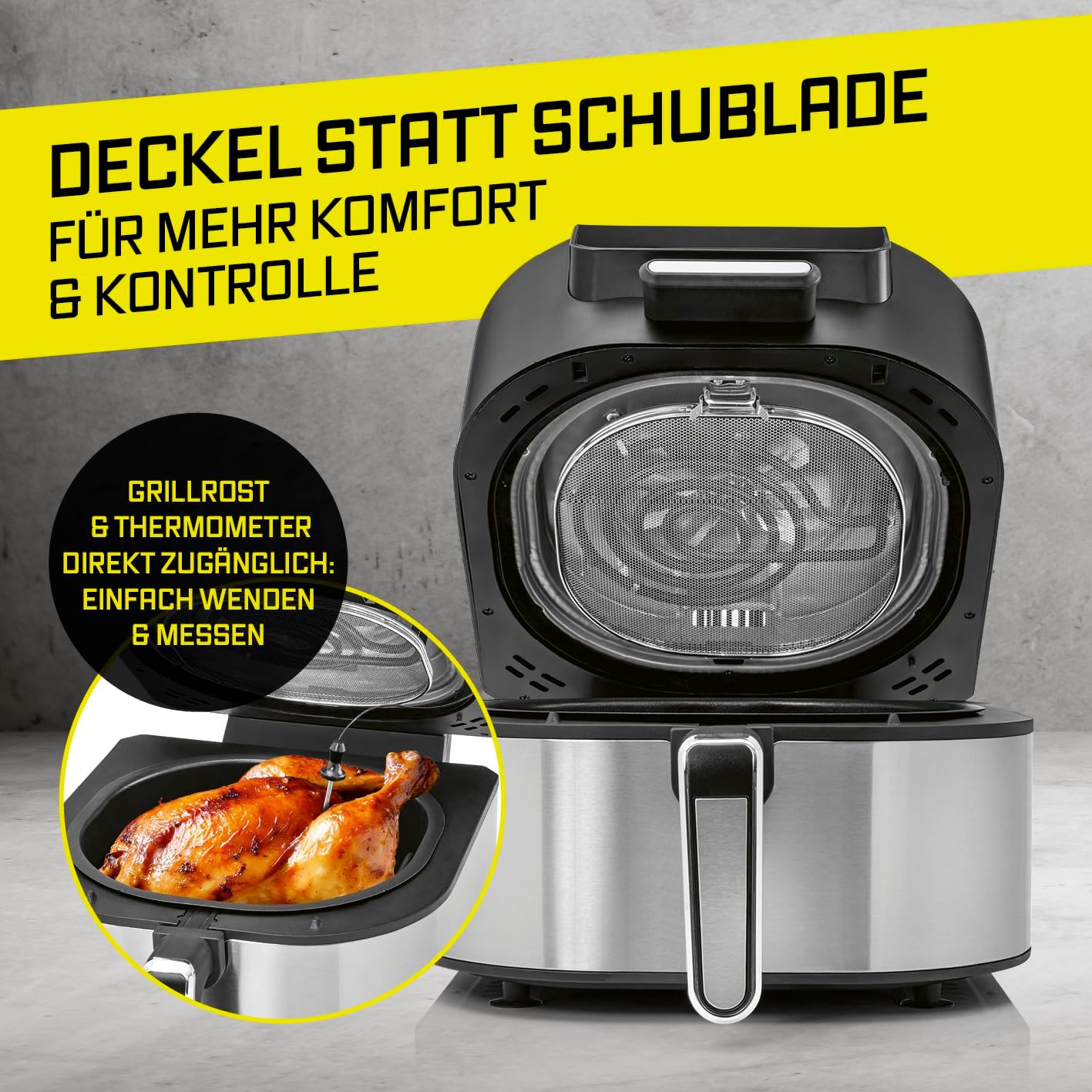 GOURMETmaxx Heißluftfritteuse FryBBQ | Airfryer mit Ober-/Unterhitze | 5 L Multikocher Heissluftfritteuse mit 5 Modi inkl. Dörren | 2in1: Fritteuse & Grill – mit Aludruckguss-Rost & Grillthermometer
