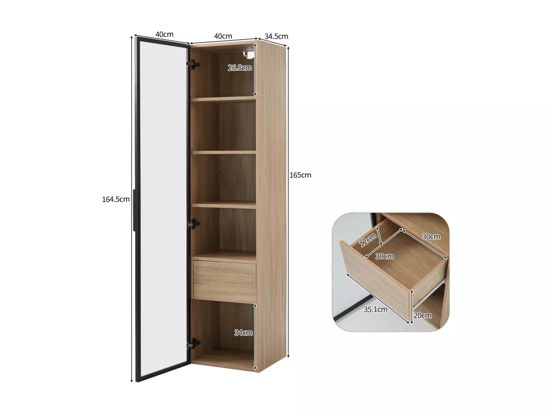 Vitrine, buffet haut avec 1 porte en verre et 1 tiroir intérieur - 40 X 34.5 X 165 cm - Bois MDF - Naturel