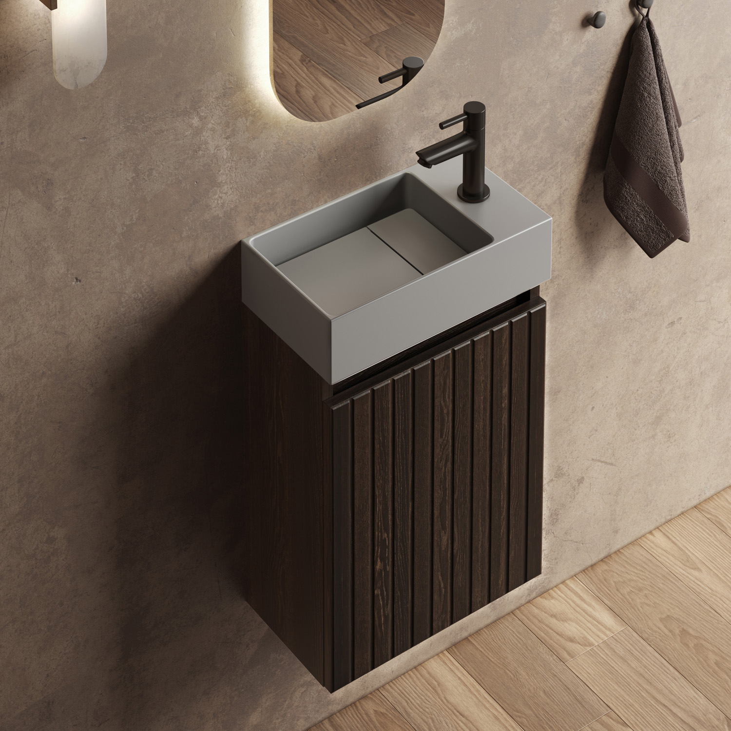 Fontana Itsie toiletmeubel kasteel bruin ribbelfront 40cm met fontein in mat grijs