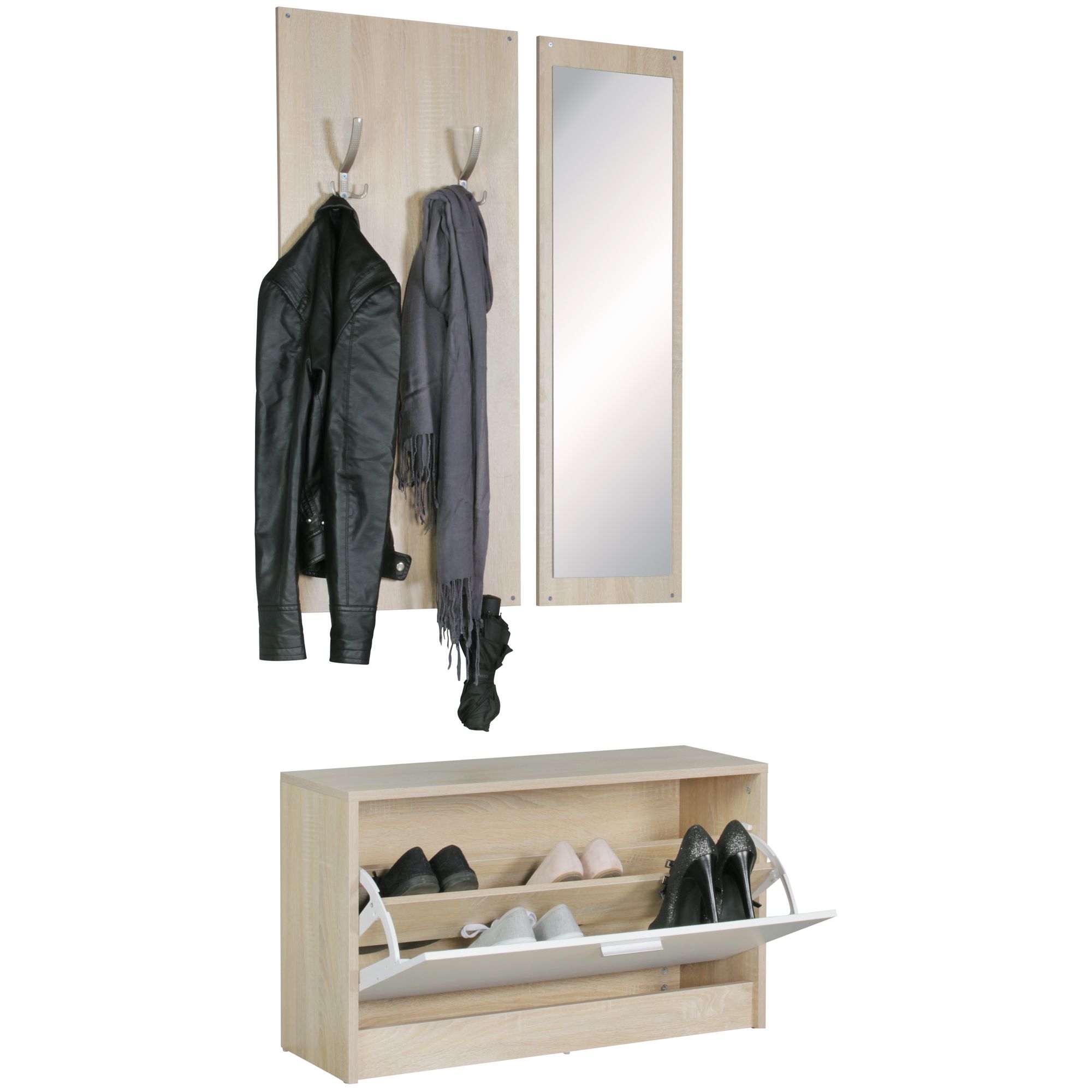 KADIMA DESIGN Wandgarderobe DELFT mit Spiegel: Weiß, Platz für 8 Paar Schuhe, 10 Metallhaken, Melaminharzbeschichtung