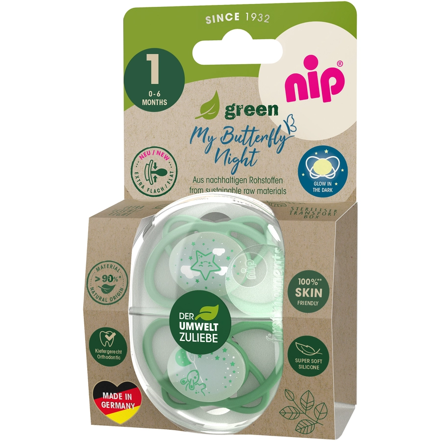 nip® Nachtschnuller My Butterfly Night Green, Größe 1 (0-6 Monate), Silikon Grün