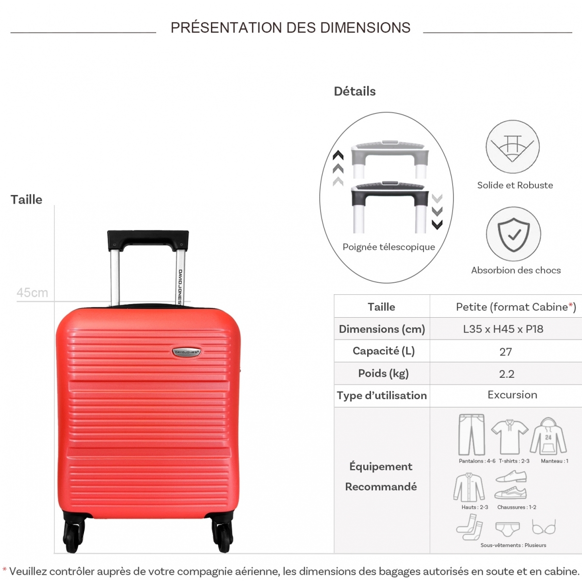 David Jones Valise cabine XS underseat rigide David Jones ABS 45cm