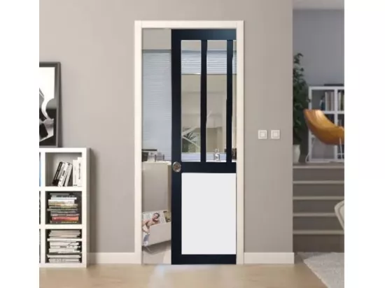 Porte Coulissante Atelier Noir Et Panneau Blanc Vitree H204 X L83 + Systeme De Galandage Et Kit De Finition Inclus Gd Menuiseries