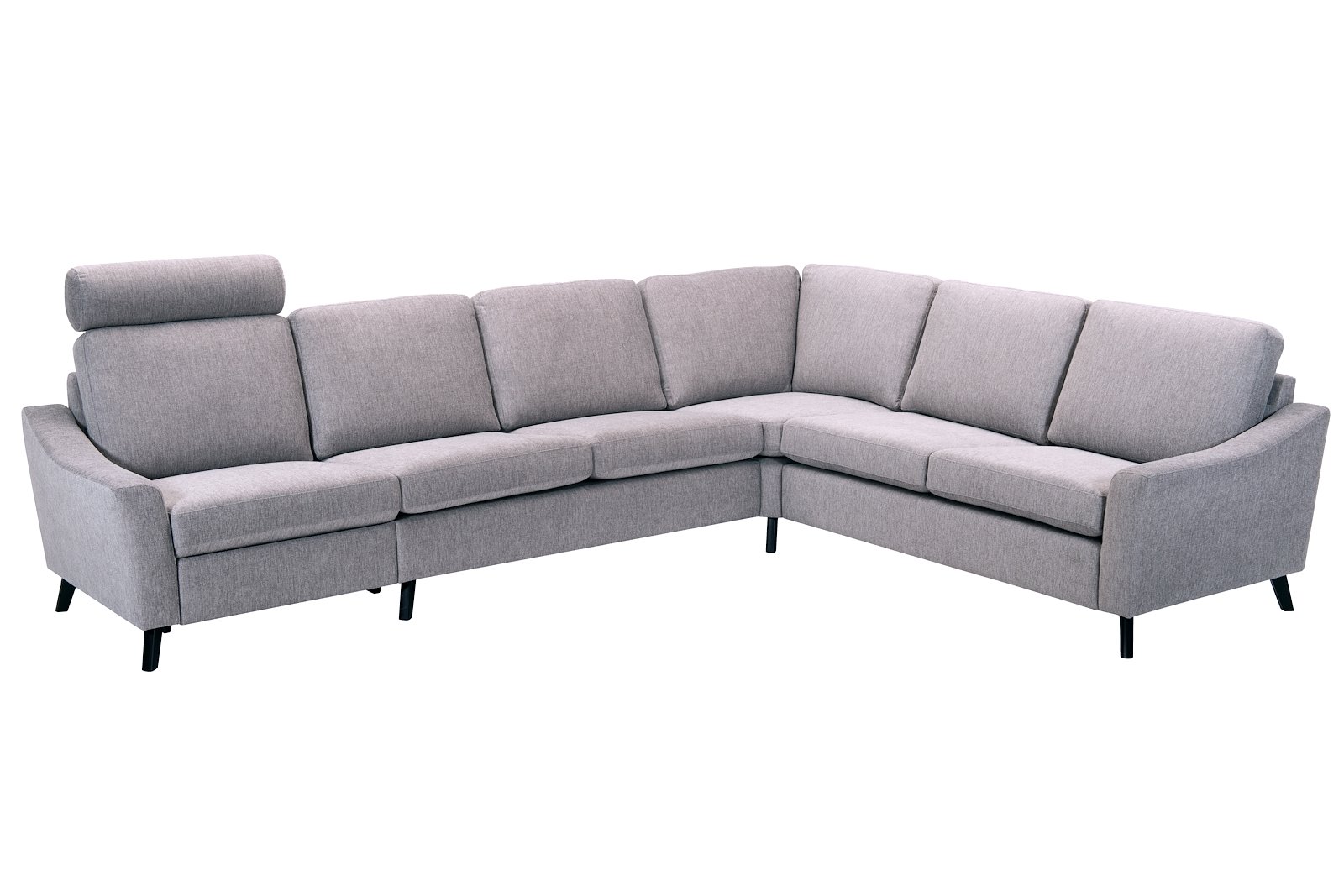 Lona sofa 32 hjørnesofa (129V). Med motorisert fotstøtte på ytterste venstre sete. Tekstil Brego 3595 grey, 70cm brede seter, arm 1 og 2M9K2 sorte ben. SA rygg skum.