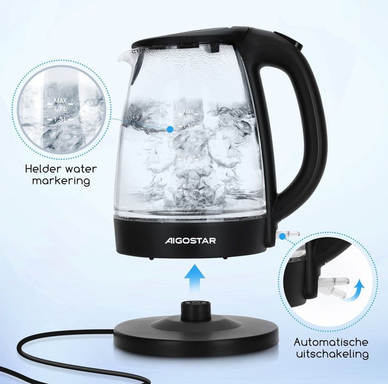 Aigostar Adam 30GOM - Elektrische Waterkoker - Glazen waterkoker - 1,7 Liter - LED verlichting - 2200W - Zwart