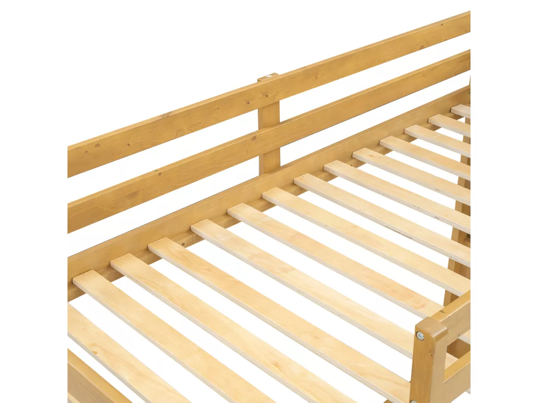 Lit superposé 90x200cm - avec escalier de rangement et toboggan - en bois de pin et MDF - Naturel