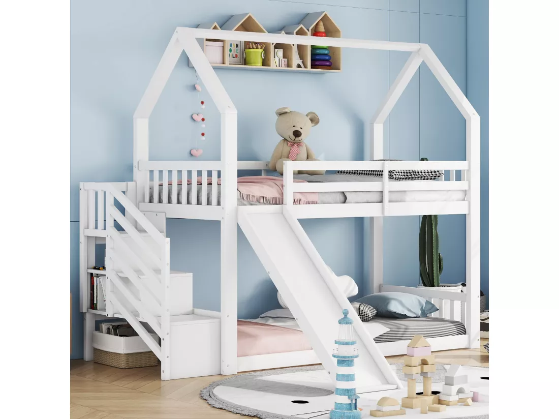 Lit superposé 90x200cm - lit cabane enfant avec escalier de rangement et toboggan, 1x sommier à lattes - blanc