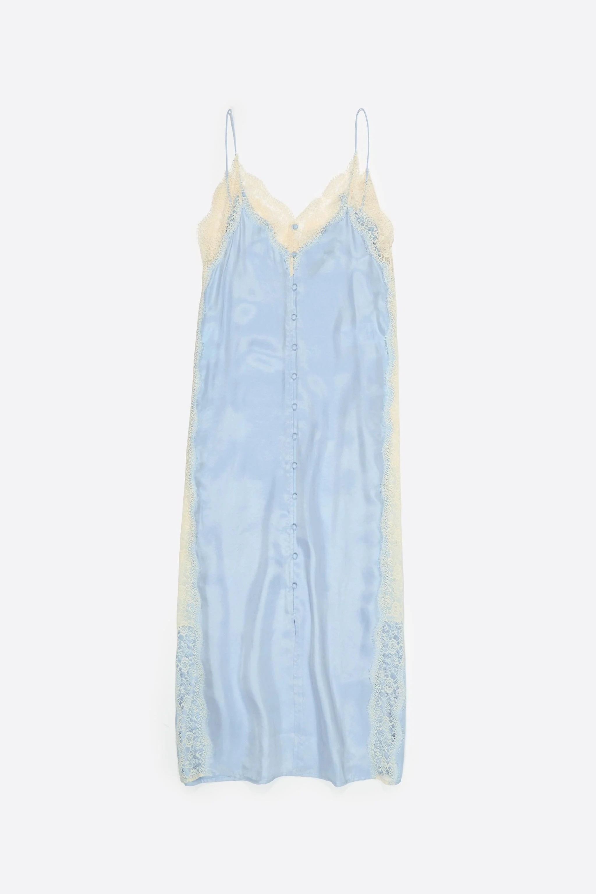 Vestido de alça azul claro com renda contrastante