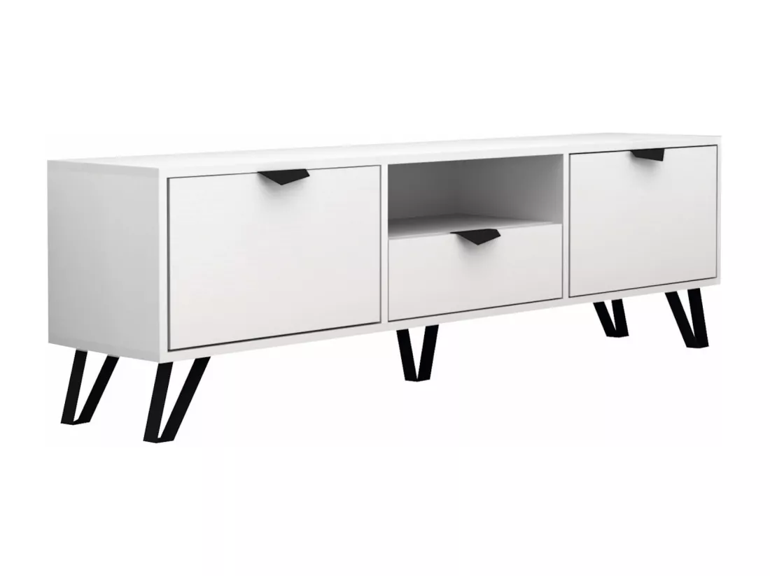 Meuble TV avec 2 portes, 1 tiroir et 1 niche - Blanc et Noir - CARDELIA