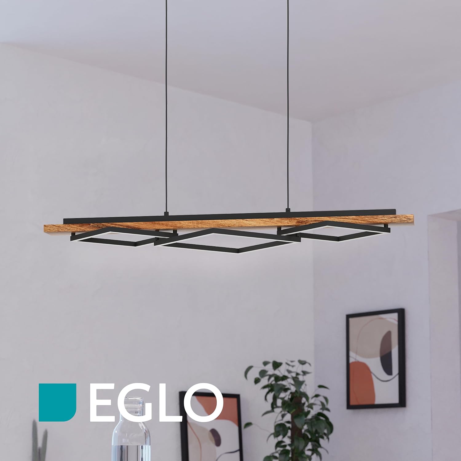 EGLO LED Hängelampe Boyal, Esstisch Pendelleuchte 3-flammig, Hängeleuchte aus rustikalem Holz und schwarzem Metall, Esstischlampe FSC zertifiziert, warmweiß