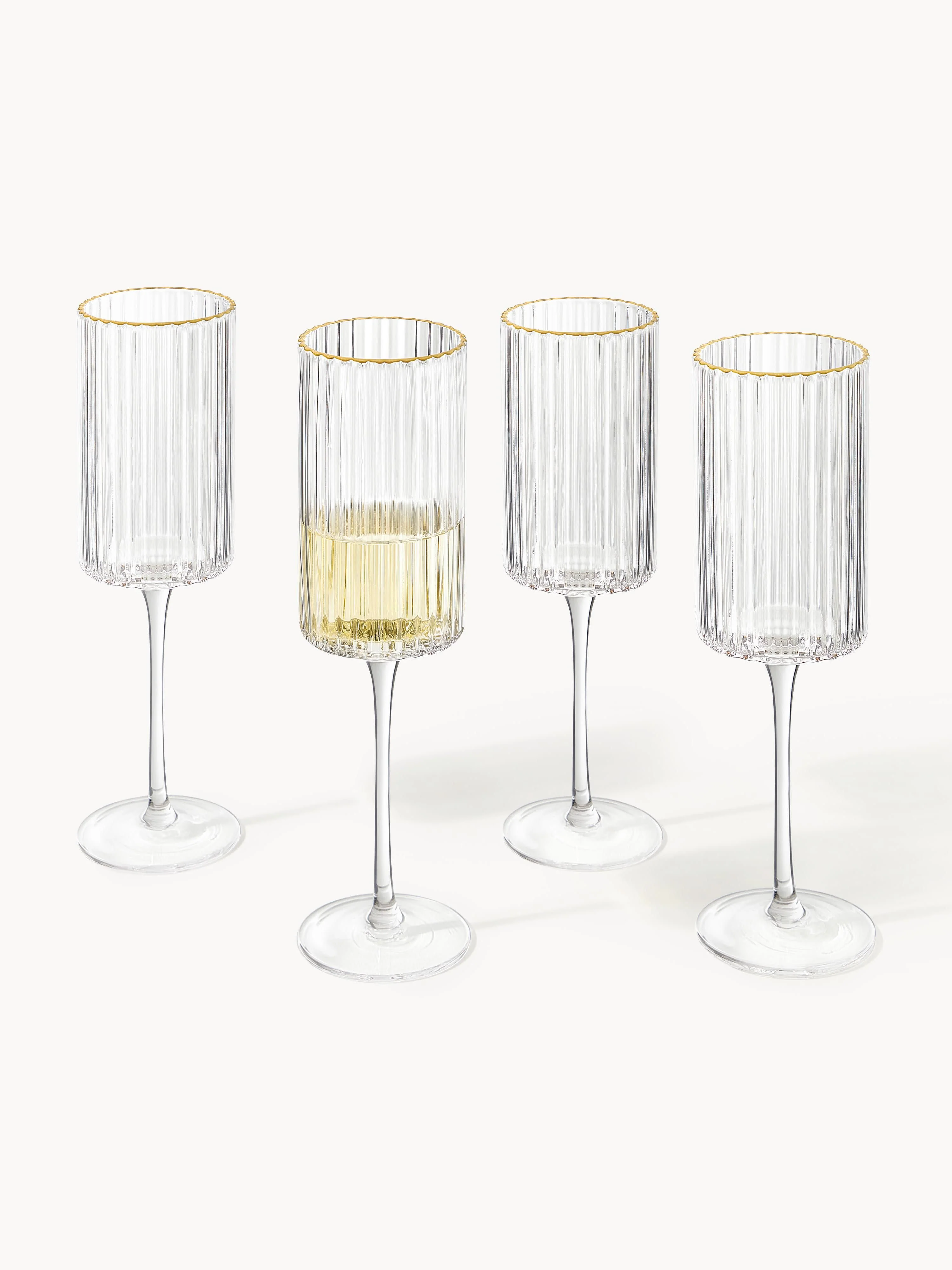 Mondgeblazen champagneglazen Aleo met gouden rand, 4-delig