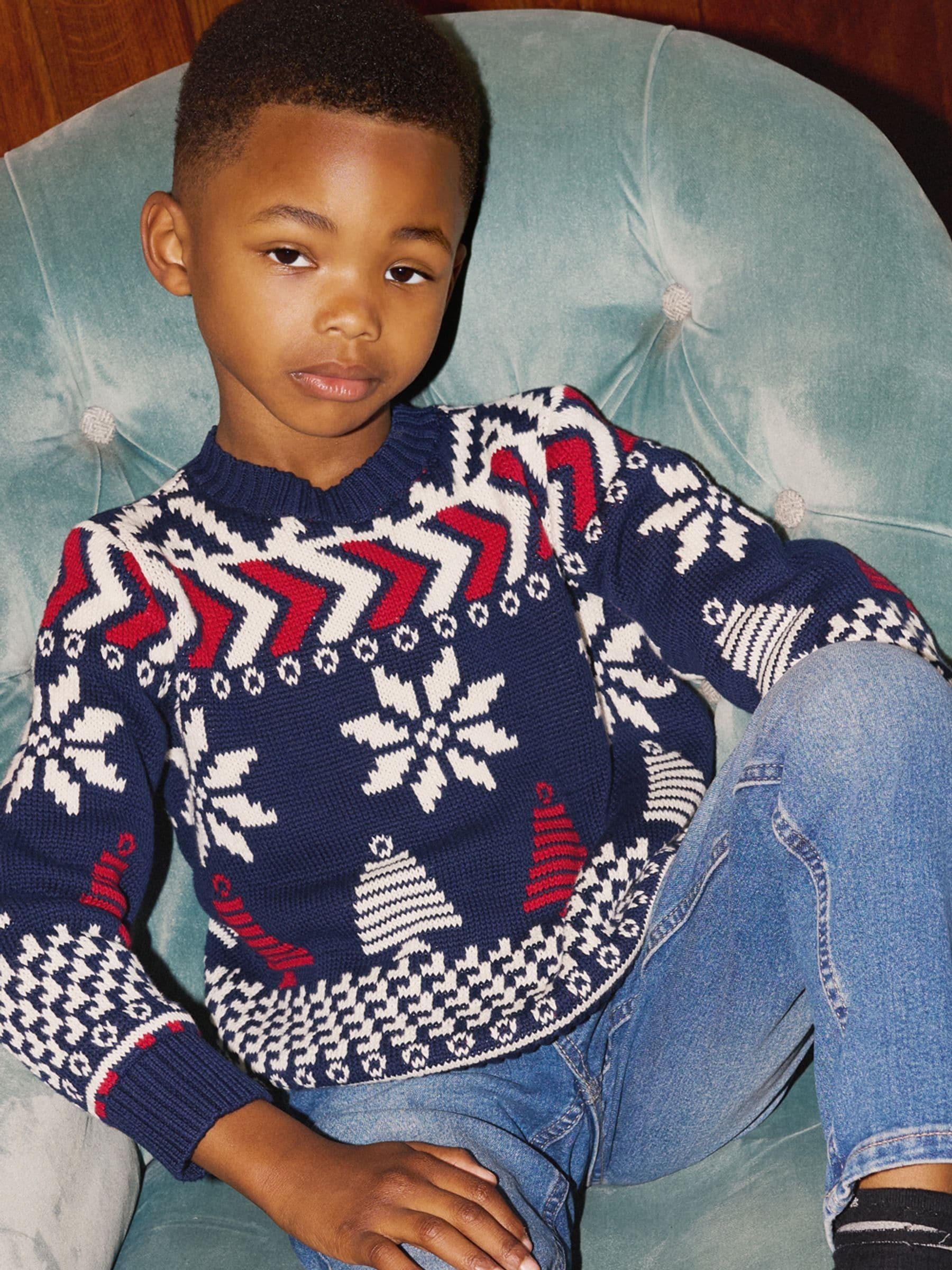 The Little Tailor Kinder Blauwe Kerstmis Veelkleurige Fairisle Katoenen Trui