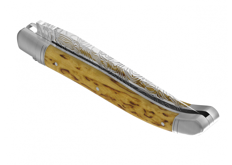 Couteau Laguiole collection damas avec un manche en bois de bouleau et 2 mitres en acier inoxydable