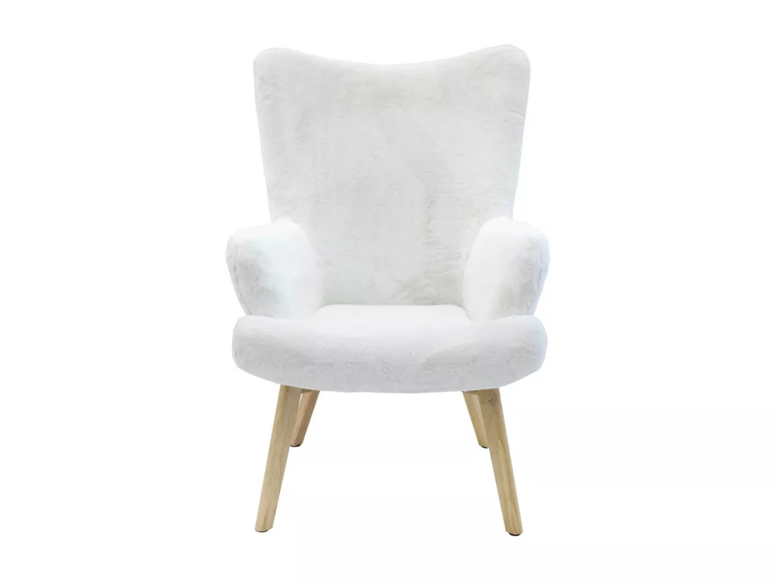 COCOON - Fauteuil Blanc Imitation Fourrure Pieds Bois