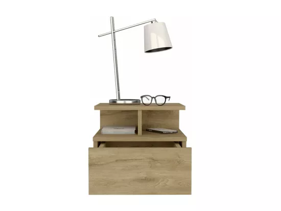 Table de chevet flottante Augusta avec deux tablettes ouvertes et un tiroir sur rail métallique , 29.5 cm X 35.6 cm X 33.6 cm , Macadamia