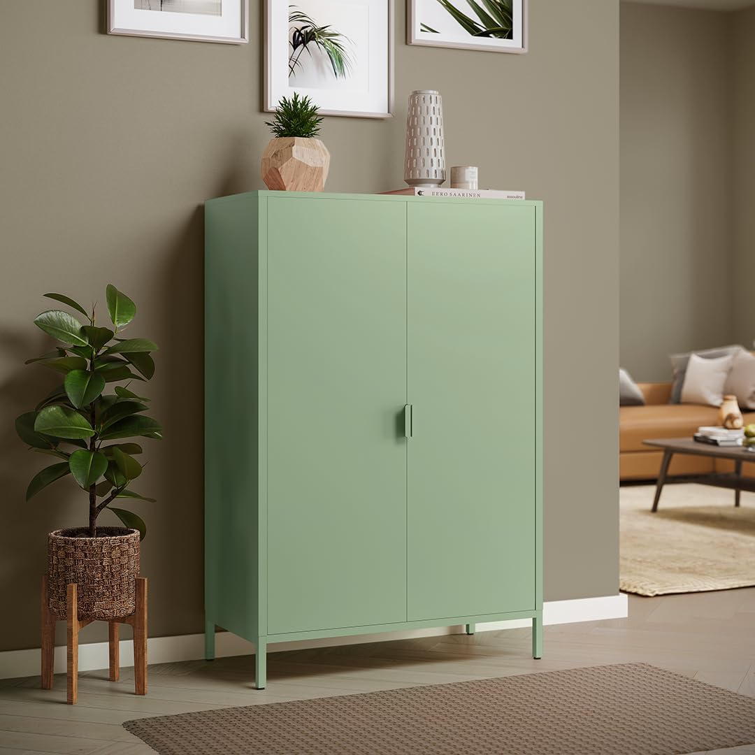 skølm Ituri Metall Kommode – Metallschrank mit 3 verstellbaren Fächern – Sideboard Wohnzimmer in Mintgrün – Aufbewahrungsschrank aus Stahl - Highboard im Industrial Design – Büroschrank/Flurschrank