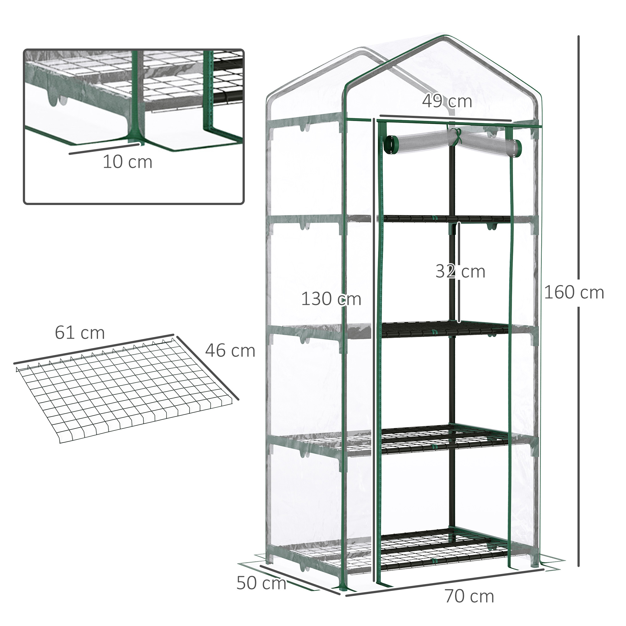 Estufa de jardim Outsunny com 4 prateleiras de metal, estrutura tubular de aço, ideal para cultivo de plantas, flores e vasos, 70x50x160 cm, transparente.