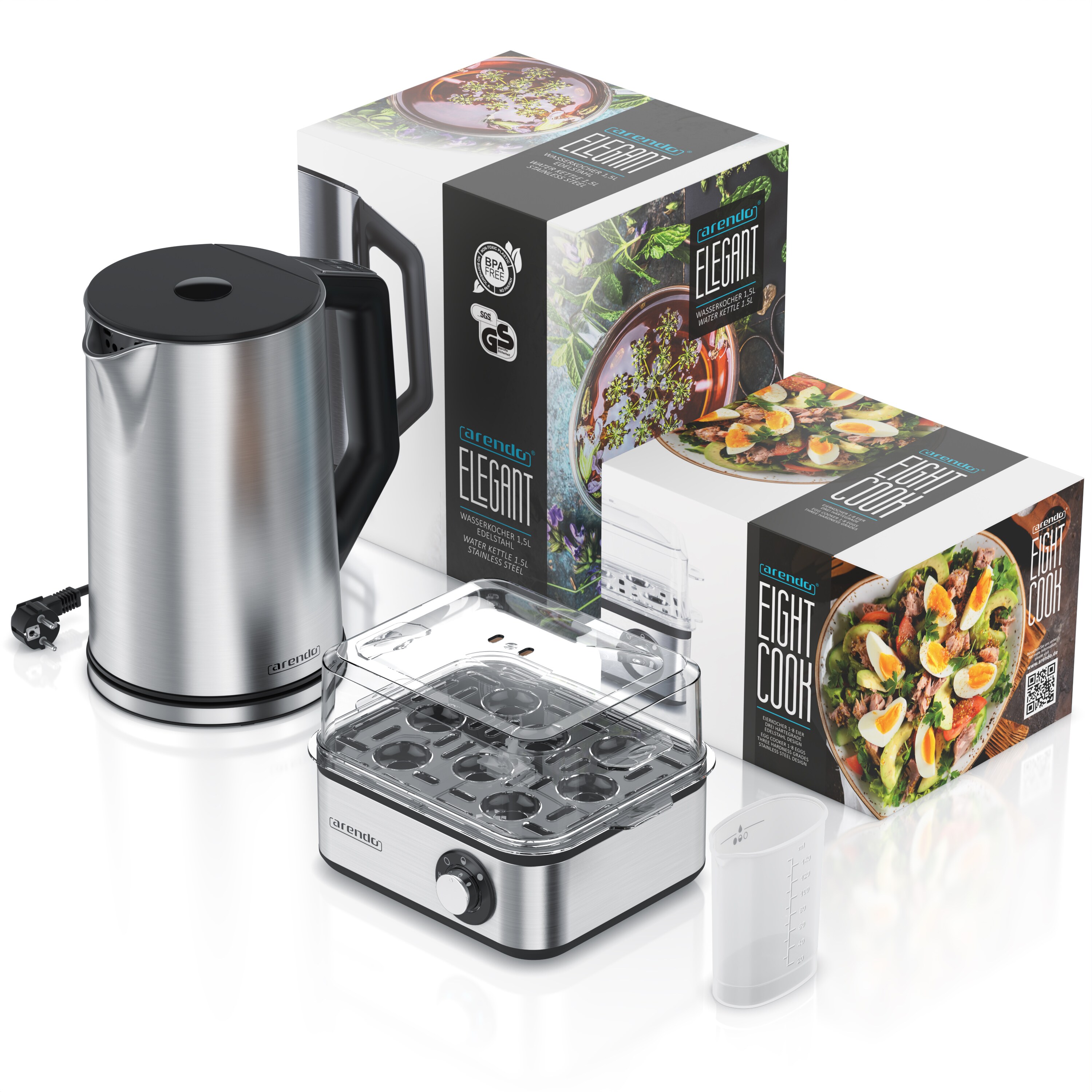 Arendo Frühstücks-Set, 8er Eierkocher EIGHTCOOK, Wasserkocher mit Temperatureinstellung, Silber