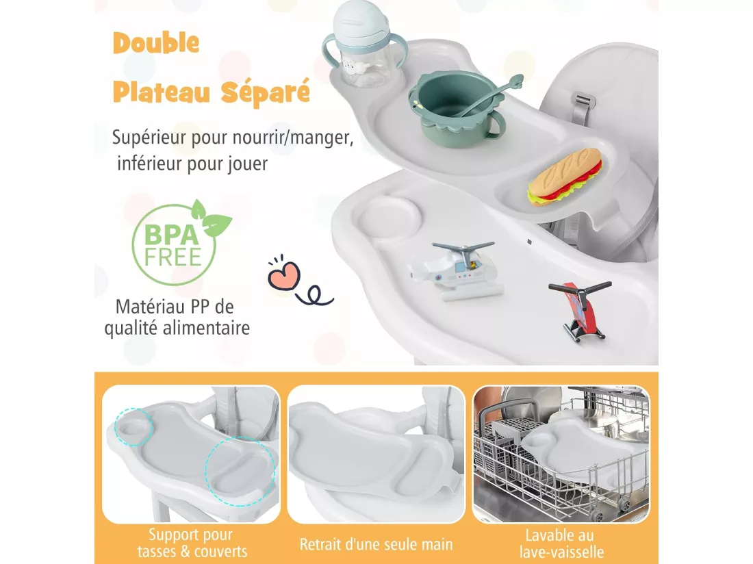 3 en 1 Chaise Haute Bébé Convertible avec Plateau Réglable, Chaise d'Alimentation Bébé avec Dossier à 3 Niveaux, Coussin de Siège, Harnais 5 Points, Charge 20KG, 6-36 Mois Gris