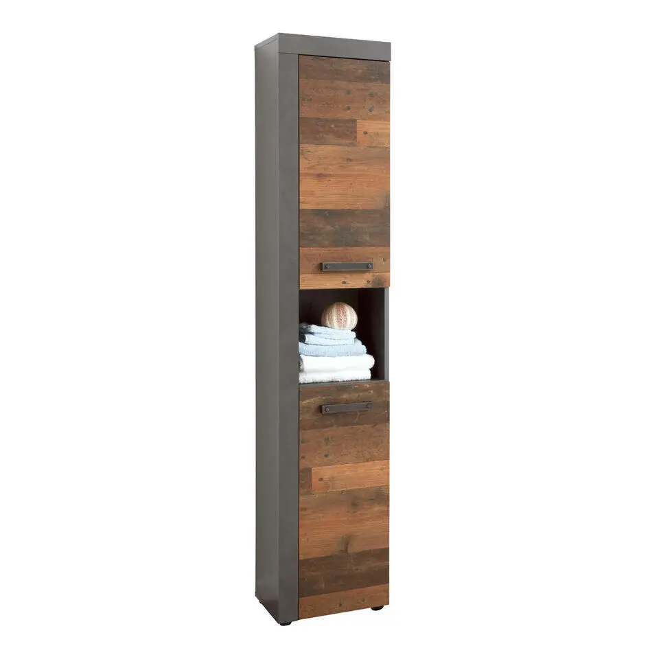 Hioshop CancunIndy kolomkast 2 deuren- 1 open vak eiken decor- oud houten