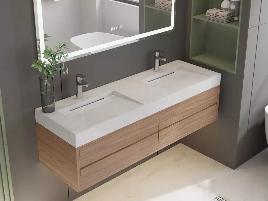 Double vasque suspendue en solid surface effet marbre blanc - KODIAK - L140.2 x l45.2 x H8 cm