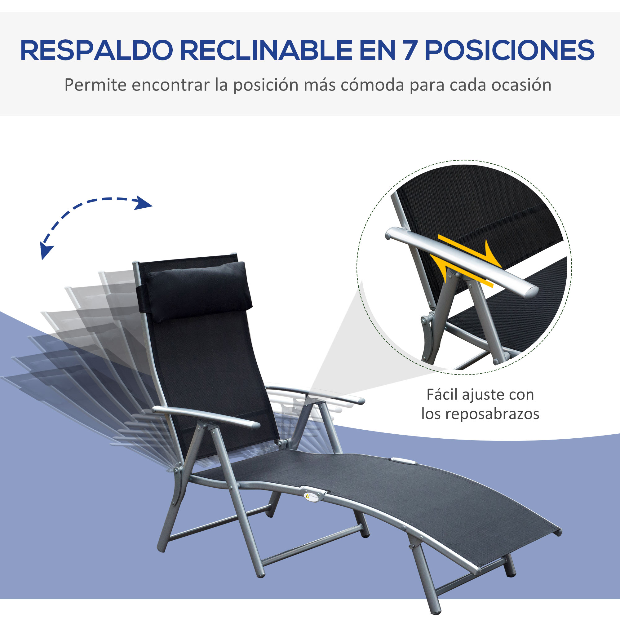 Espreguiçadeira dobrável Outsunny para jardim, com encosto ajustável em 7 níveis, almofada e apoios de braço, capacidade de carga de 165 kg, ideal para piscina, terraço e camping, dimensões 137 x 63,5 x 100,5 cm, preta.