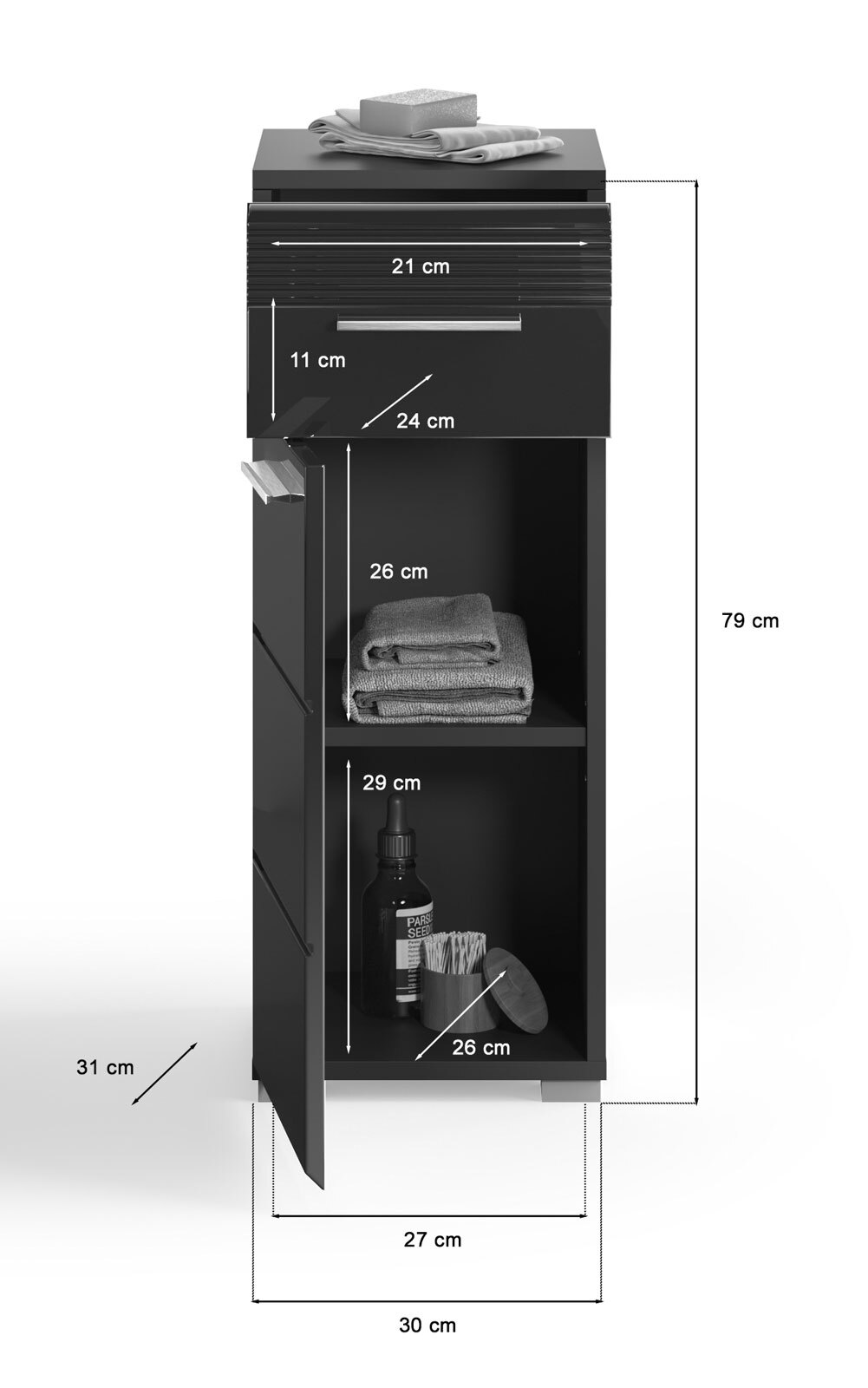 Unterschrank Linus Schwarz Hochglanz 30x80x31 cm