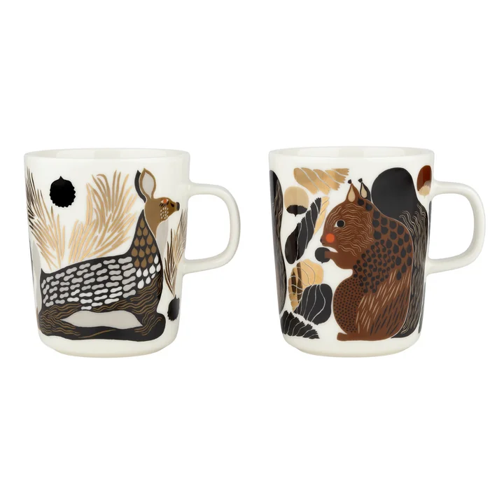 Marimekko - Oiva Kurre & Peura Becher mit Henkel, 250 ml, weiss / braun / grün (2er-Set)